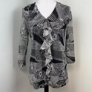 Chaus Black & White Artistic Monochrome Ruffle Front Blouse Medium